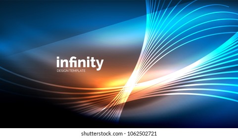 Abstract wave on dark background, shiny glowing neon digital background template. Vector illustration