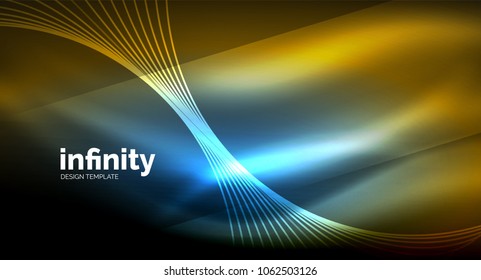 Abstract wave on dark background, shiny glowing neon digital background template. Vector illustration