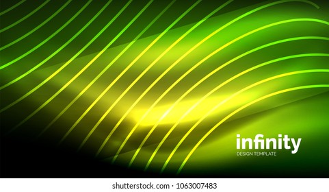 Abstract wave on dark background, shiny glowing neon digital background template. Vector illustration