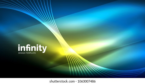 Abstract wave on dark background, shiny glowing neon digital background template. Vector illustration