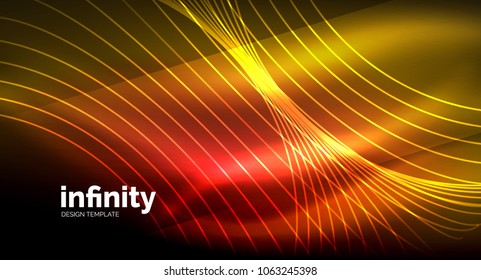 Abstract wave on dark background, shiny glowing neon digital background template. Vector illustration