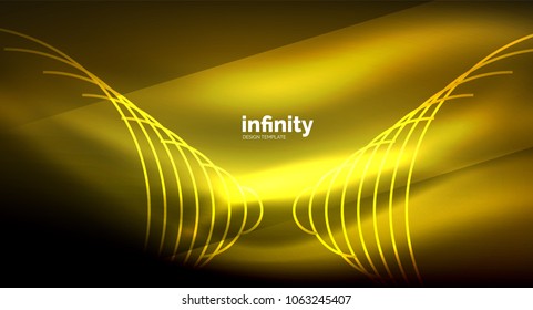 Abstract wave on dark background, shiny glowing neon digital background template. Vector illustration