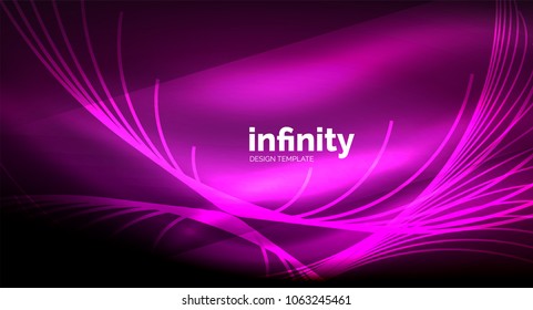 Abstract wave on dark background, shiny glowing neon digital background template. Vector illustration