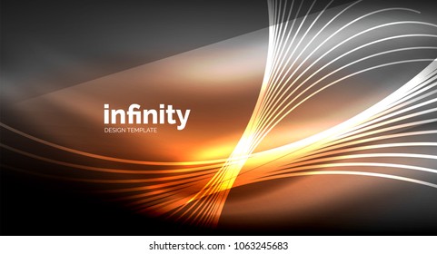 Abstract wave on dark background, shiny glowing neon digital background template. Vector illustration