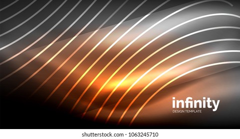 Abstract wave on dark background, shiny glowing neon digital background template. Vector illustration