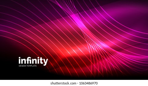 Abstract wave on dark background, shiny glowing neon digital background template. Vector illustration