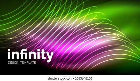 Abstract wave on dark background, shiny glowing neon digital background template. Vector illustration