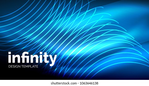 Abstract wave on dark background, shiny glowing neon digital background template. Vector illustration