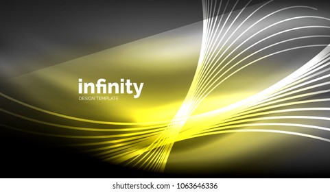 Abstract wave on dark background, shiny glowing neon digital background template. Vector illustration