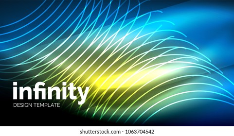 Abstract wave on dark background, shiny glowing neon digital background template. Vector illustration