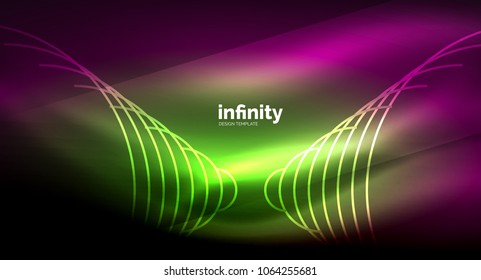 Abstract wave on dark background, shiny glowing neon digital background template. Vector illustration
