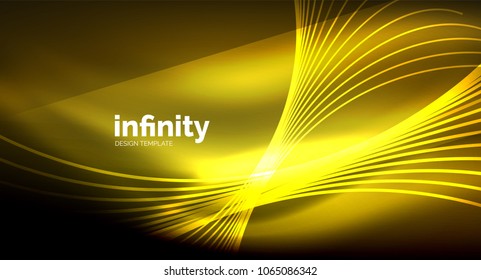 Abstract wave on dark background, shiny glowing neon digital background template. Vector illustration