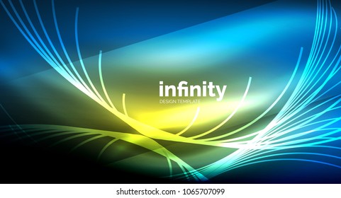 Abstract wave on dark background, shiny glowing neon digital background template. Vector illustration