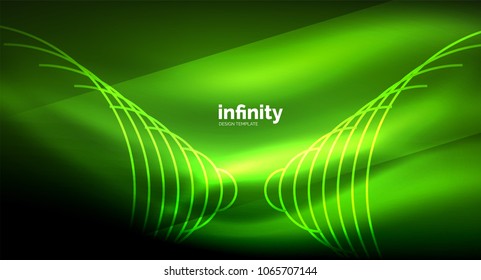 Abstract wave on dark background, shiny glowing neon digital background template. Vector illustration