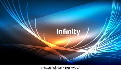 Abstract wave on dark background, shiny glowing neon digital background template. Vector illustration