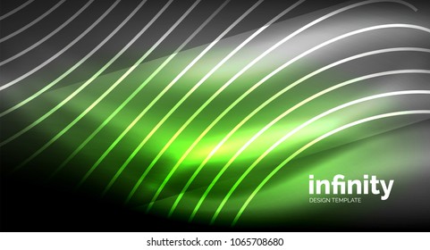 Abstract wave on dark background, shiny glowing neon digital background template. Vector illustration