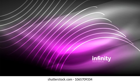 Abstract wave on dark background, shiny glowing neon digital background template. Vector illustration