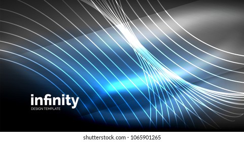 Abstract wave on dark background, shiny glowing neon digital background template. Vector illustration