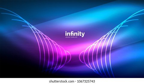 Abstract wave on dark background, shiny glowing neon digital background template. Vector illustration