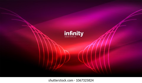 Abstract wave on dark background, shiny glowing neon digital background template. Vector illustration