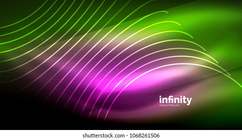 Abstract wave on dark background, shiny glowing neon digital background template. Vector illustration
