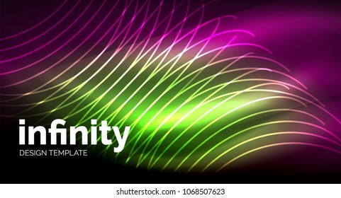 Abstract wave on dark background, shiny glowing neon digital background template. Vector illustration