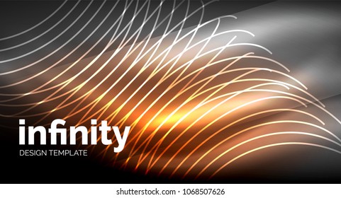 Abstract wave on dark background, shiny glowing neon digital background template. Vector illustration