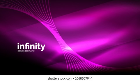 Abstract wave on dark background, shiny glowing neon digital background template. Vector illustration