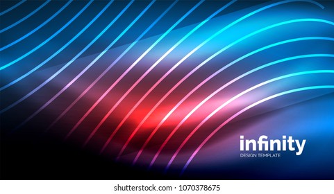 Abstract wave on dark background, shiny glowing neon digital background template. Vector illustration