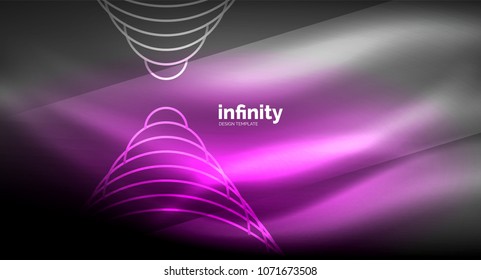 Abstract wave on dark background, shiny glowing neon digital background template. Vector illustration