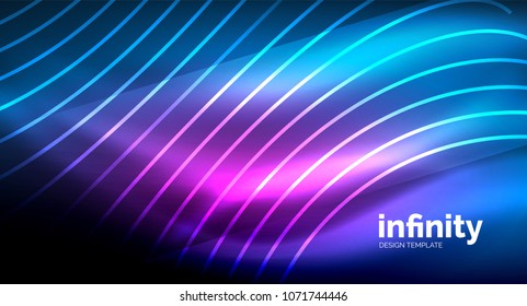 Abstract wave on dark background, shiny glowing neon digital background template. Vector illustration