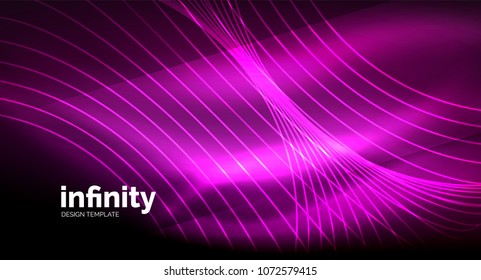 Abstract wave on dark background, shiny glowing neon digital background template. Vector illustration