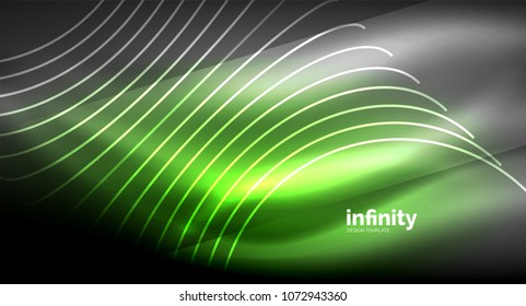 Abstract wave on dark background, shiny glowing neon digital background template. Vector illustration