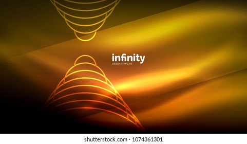 Abstract wave on dark background, shiny glowing neon digital background template. Vector illustration