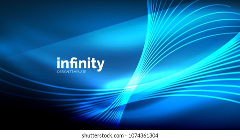 Abstract wave on dark background, shiny glowing neon digital background template. Vector illustration