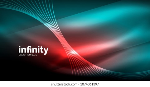 Abstract wave on dark background, shiny glowing neon digital background template. Vector illustration