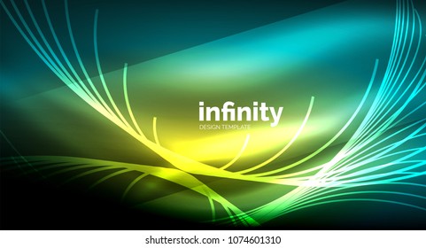Abstract wave on dark background, shiny glowing neon digital background template. Vector illustration
