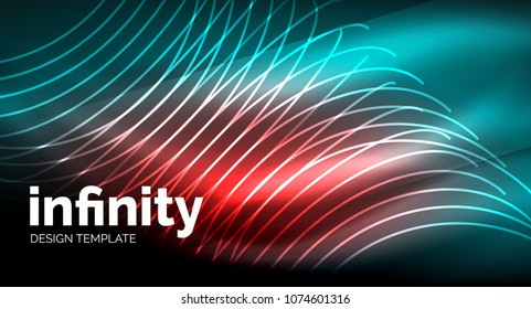 Abstract wave on dark background, shiny glowing neon digital background template. Vector illustration