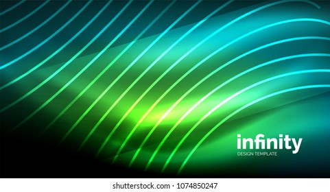Abstract wave on dark background, shiny glowing neon digital background template. Vector illustration