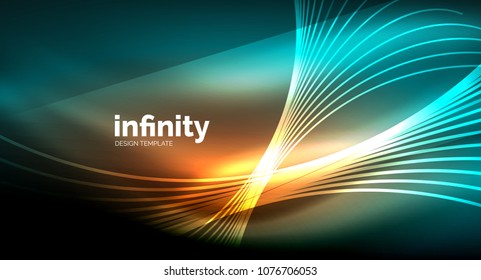 Abstract wave on dark background, shiny glowing neon digital background template. Vector illustration