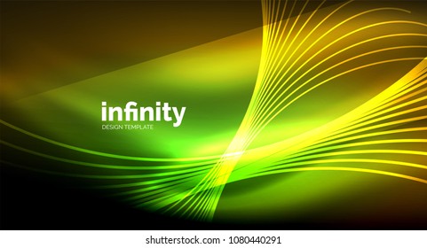 Abstract wave on dark background, shiny glowing neon digital background template. Vector illustration