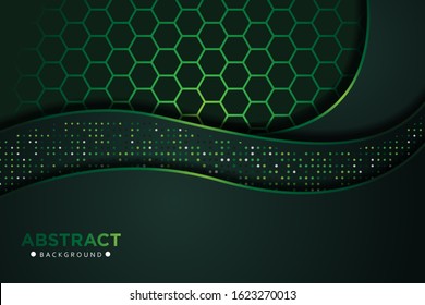 Abstract wave overlap dark green  with glitters dots and hexagon mesh combination design modern luxury futuristic technology background vector illustration.