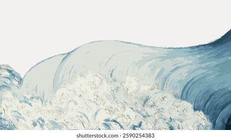 Abstract wave painting with dynamic brushstrokes. Blue and white hues create a sense of movement. Ocean wave art with textured, flowing lines. Vintage art painting vector.