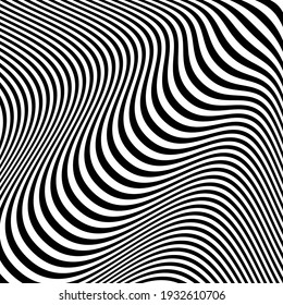 Abstract wave pattern with black-white striped lines. Creative background. Op art, optical illusion. Modern design, graphic texture.