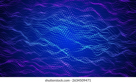 Abstract Wave Pattern With Dot. Blue And Purple Big Data Background For Ai Concept. Tech Sound Design.  Technical Wireframe Template For Software And Communication. Wavy Dots Noise Bg.