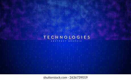 Abstract Wave Pattern With Dot. Blue And Purple Big Data Background For Ai Concept. Tech Sound Design.  Wide Visual Surface Of Violet Power And Halftone Vortex. Wavy Dots Noise Bg.
