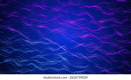 Abstract Wave Pattern With Dot. Blue And Purple Big Data Background For Ai Concept. Tech Sound Design.  Abstract Flux In Motion With Glowing Pink Stream And Vortex. Wavy Dots Noise Bg.