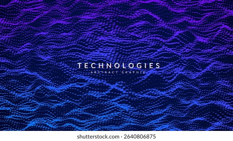 Abstract Wave Pattern With Dot. Blue And Purple Big Data Background For Ai Concept. Tech Sound Design.  Wide Visual Surface Of Violet Power And Halftone Vortex. Wavy Dots Noise Bg.