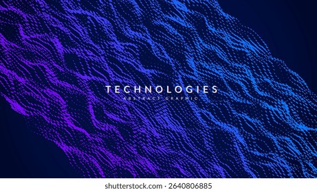 Abstract Wave Pattern With Dot. Blue And Purple Big Data Background For Ai Concept. Tech Sound Design.  Widescreen Warp In Bright Harmony Of Wire And System. Wavy Dots Noise Bg.