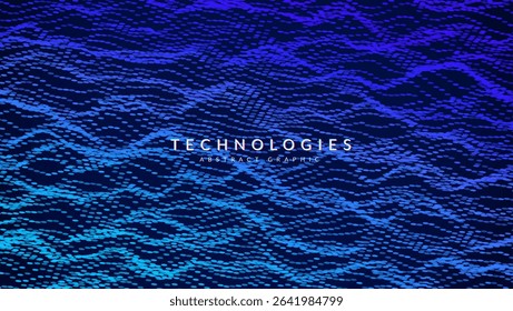 Abstract Wave Pattern With Dot. Blue And Purple Big Data Background For Ai Concept. Tech Sound Design.  VR Landscape With Stylish Glowing Net And Research System. Wavy Dots Noise Bg.